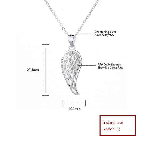 Moda mujer Aaa Cubic Zirconia / 925 joyería de plata esterlina colgante de pluma / collar de cadena para damas