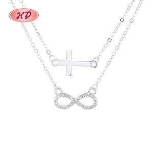 Wholesale Women Jewelry Zirconia 925 Sterling Silver Cross Double Layer Necklace Pendant