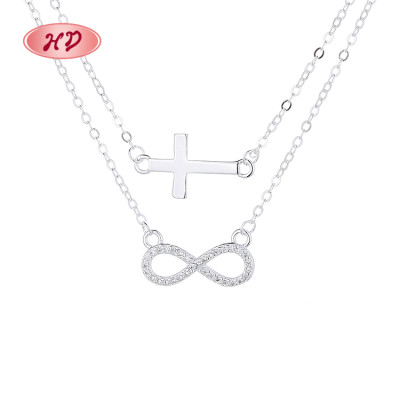 Wholesale Women Jewelry Zirconia 925 Sterling Silver Cross Double Layer Necklace Pendant