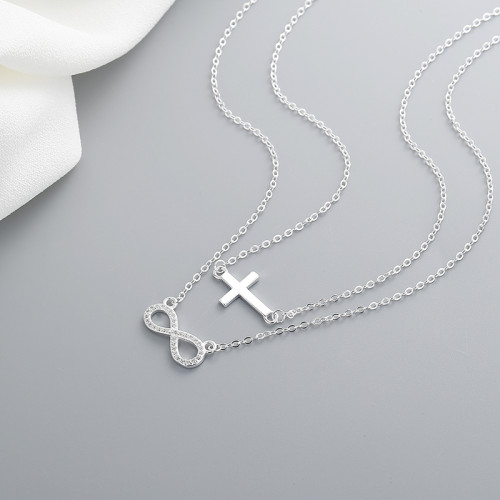 Joyería Mujer Al Por Mayor Circonitas | Collar de doble capa con cruz de plata de ley 925 | Colgante para joyería de moda.