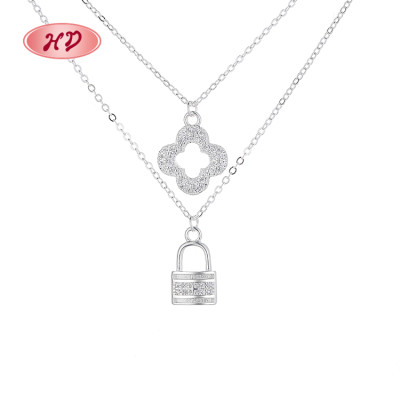 Fashion Luxury Bulk 3A Zirconia | 925 Pure Silver Four Leaf Clover Lock Double Layer Pendant Necklace | For Women Charm Jewlery