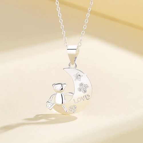 Lovely Heart Shaped Bear 925 Sterling Silver Moissanite | Pendant Necklace With Letter Pendant