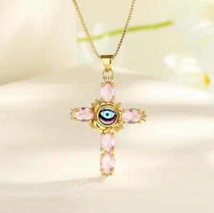 18K Gold Plated Cross Pendant Necklace with Religion Eye - Perfect for Wholesale and Retail