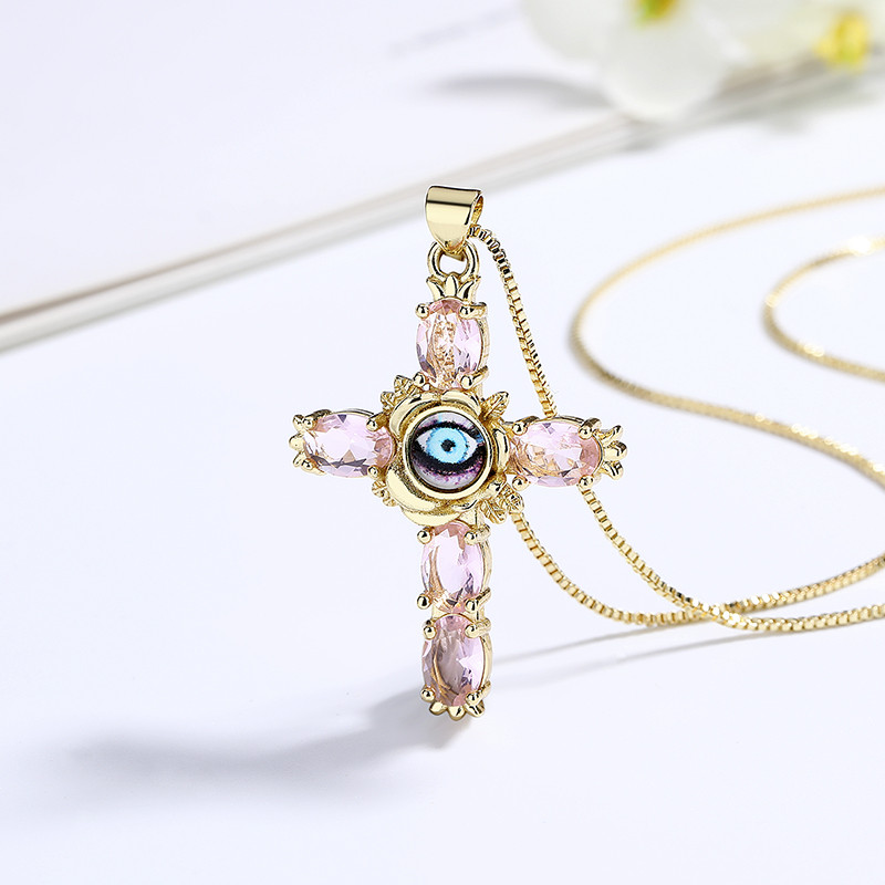 Gold-Plated Devil's Eye Cross Zircon Necklace