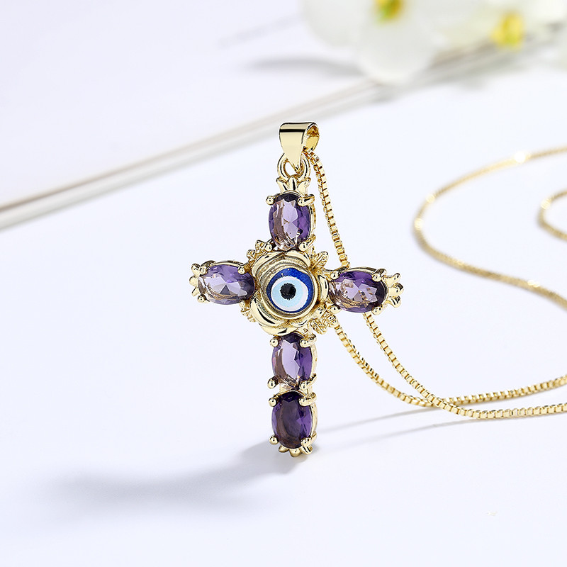 Gold-Plated Devil's Eye Cross Zircon Necklace