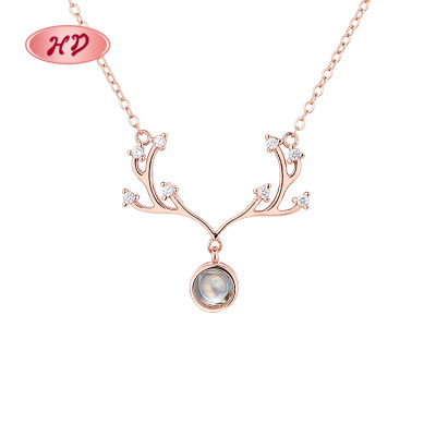 Wholesale Fashion Aaa Cubic Zirconia Unique Fashion Jewelry 925 Pure Silver Antlers Necklaces Charm Animal Pendant  Women Jewlery