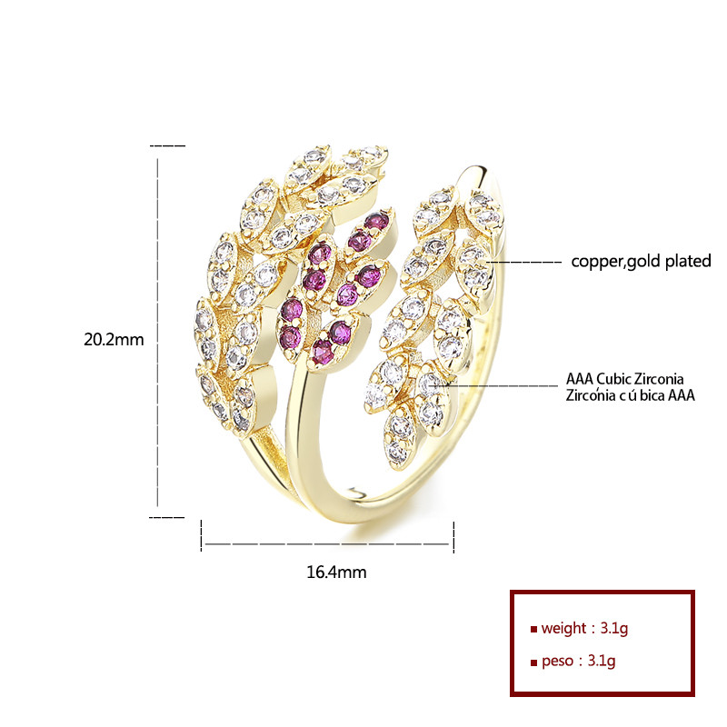 anillo chapado en oro con circonitas en forma de hoja