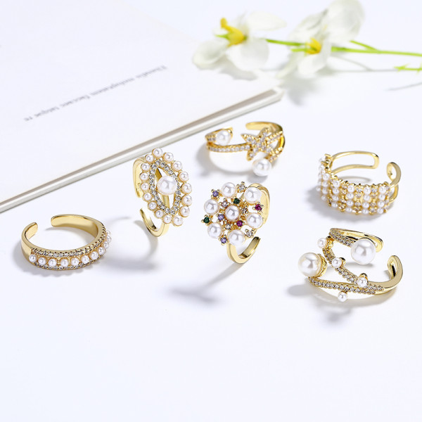 Women Fashion Jewelry Aaa Cubic Zirconia Eternity Band In 18K Brass Gold-Plating Pearl Ring For Hd Jewelry Wholesale