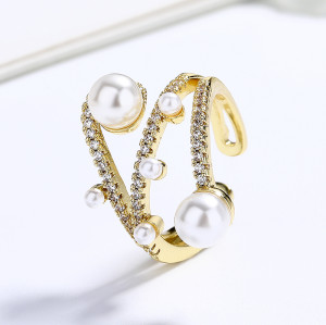 Women Fashion Jewelry Aaa Cubic Zirconia Eternity Band In 18K Brass Gold-Plating Pearl Ring For Hd Jewelry Wholesale