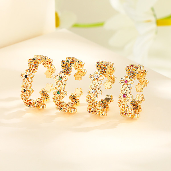 18k gold plated-Plated Hollow Flower Rings Aaa Cubic Zirconia Elegance Womens Rings Jewelry