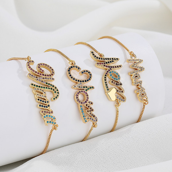 Elegance Wholesale Cubic Zirconia 18K Gold Plated Letter Push Pull Jewelry Bracelets For Women