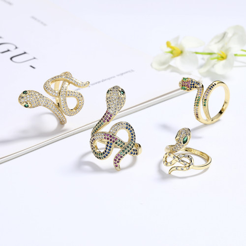 Wholesale Colorful Zircon 18K Gold Plated Animal Snake Rings Fashion Jewelry