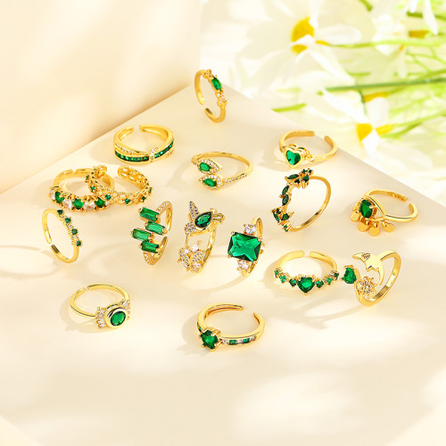 Wholesale Hummingbirds heart 18K Brass Gold-Plated Green Zircon Rings Jewelry Womens