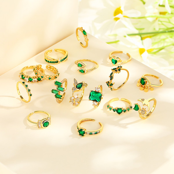 Venta al por mayor de anillos de circonio verde chapado en oro de latón de 18 quilates con corazón de colibríes, joyería para mujer