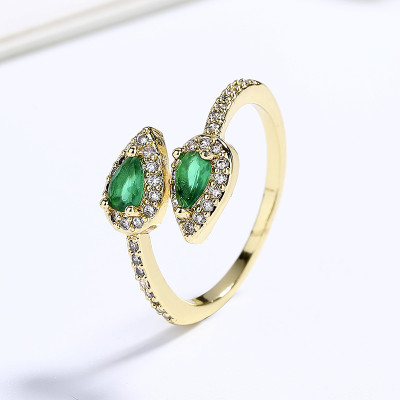 Wholesale Hummingbirds heart 18K Brass Gold-Plated Green Zircon Rings Jewelry Womens