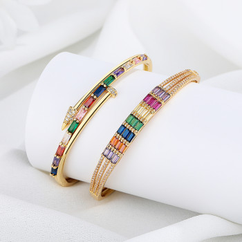 Colorburst Charm Zircon 18K Brass Gold Plated Custom Bangle Bracelet Fashion Jewelry