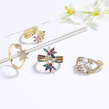 Wholesale Leaf Cubic Zirconia Ring Colorful 18K Gold Plated Rings Fashion Jewelry