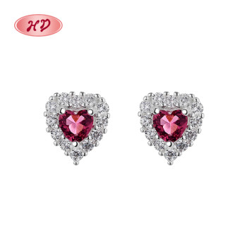 High Quality Fashion Jewelry 925 Sterling Silver Aaa Cubic Zirconia Red Heart Stud Earrings