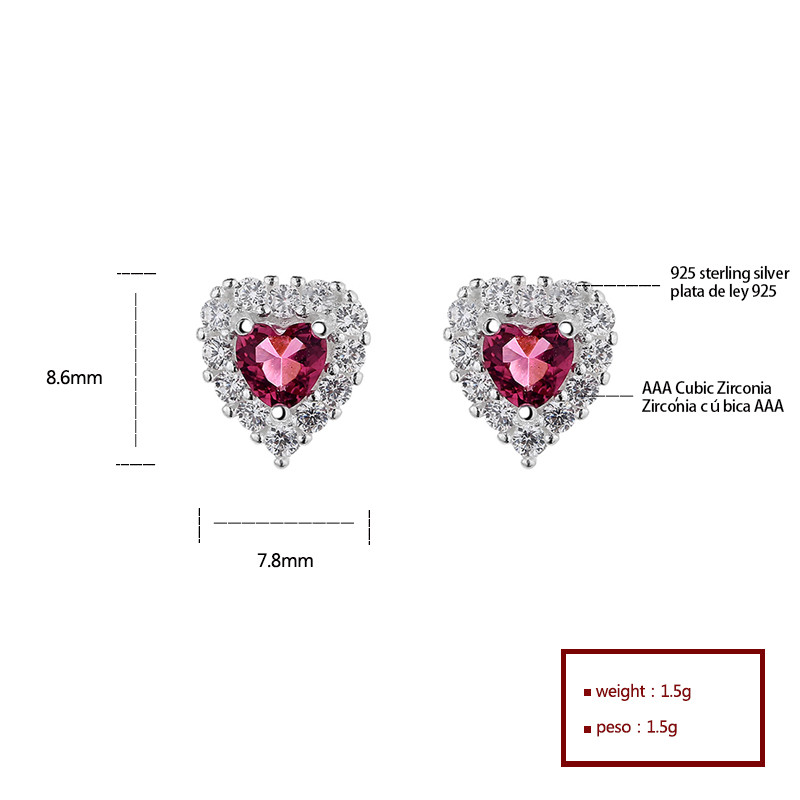 925 pendientes de Zirconia cúbica en forma de corazón rojo de plata esterlina