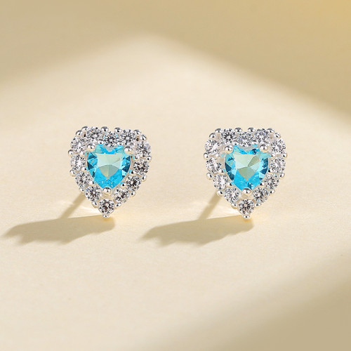 925 plata esterlina cubo Zirconia Corazón Azul joyas de lujo pendientes de plata para mujeres