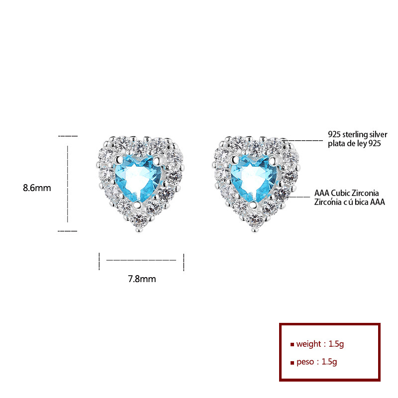 925 clavos de Zirconia en forma de Corazón Azul de plata esterlina