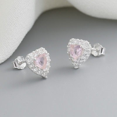 Fashion Jewelry Pink Heart Zircon Sliver Shape Vintage Sterling Silver Stud Earrings For Women