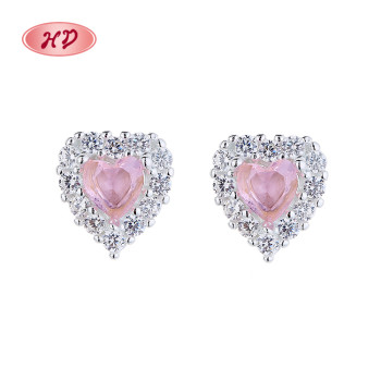 Fashion Jewelry Pink Heart Zircon Sliver Shape Vintage Sterling Silver Stud Earrings For Women