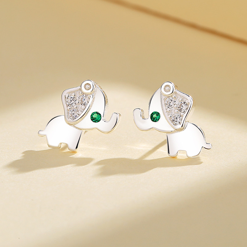 Silver Green Elephant Ladies Stud Earrings