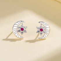 Fine Jewelry Red Stars And Moon Aaa Cubic Zircon Custom 925 Silver Stud Earrings