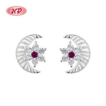 Fine Jewelry Red Stars And Moon Aaa Cubic Zircon Custom 925 Silver Stud Earrings