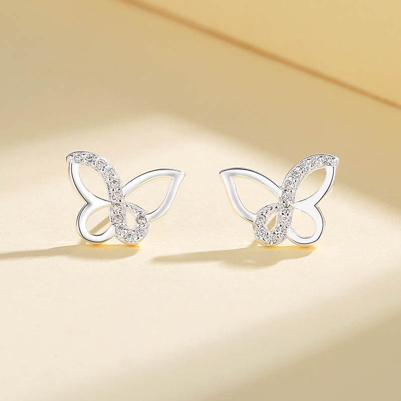 White Zircon Butterfly Silver Earrings