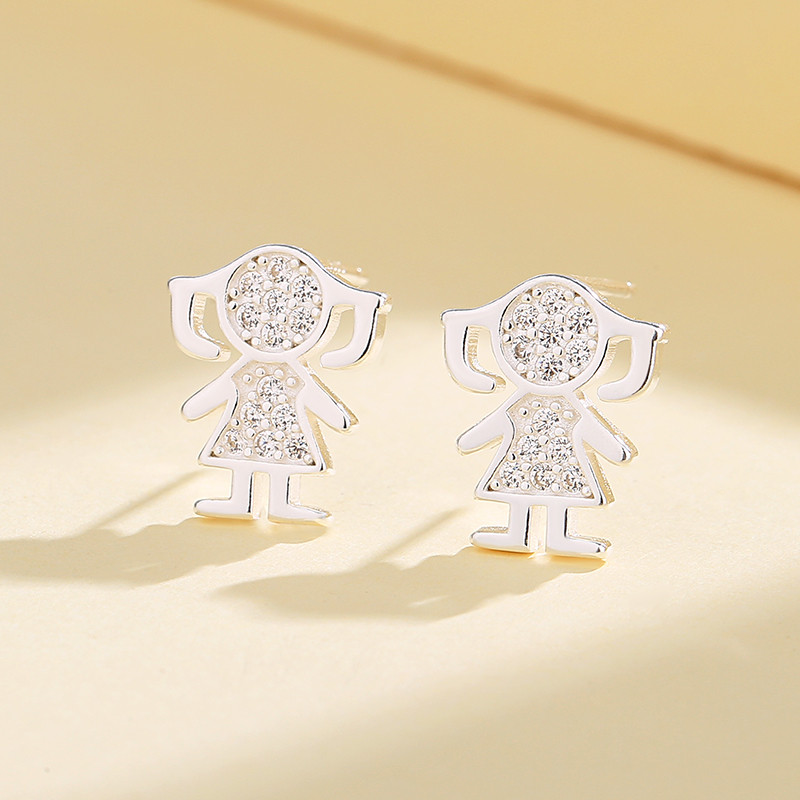 White Zircon Doll Silver Women's Earrings