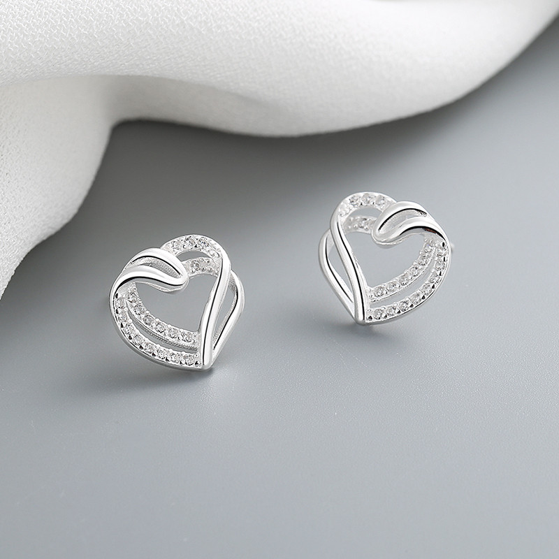 White Zircon Heart Silver Women's Earrings