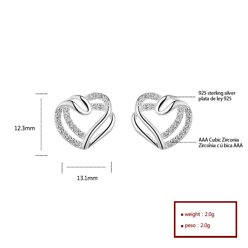 Pendientes de plata de corazón de zircon blanco para mujeres