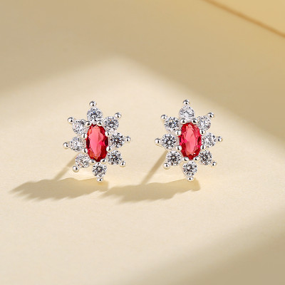 Red 925 Sterling Silver Cubic Zircon Vintage Fashion Jewelry For Women Flower Stud Earring