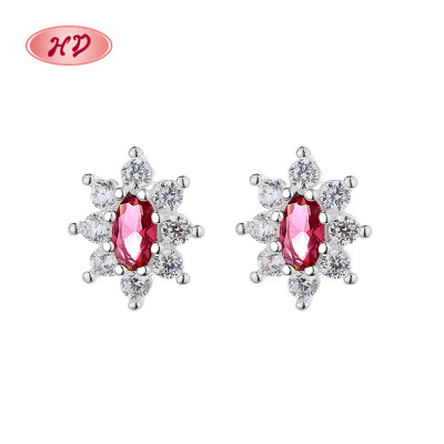 Red 925 Sterling Silver Cubic Zircon Vintage Fashion Jewelry For Women Flower Stud Earring