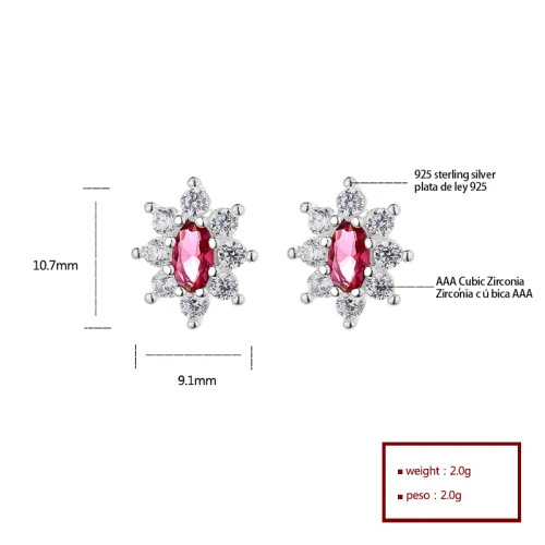 Red 925 Sterling Silver Cubic Zircon Vintage Fashion Jewelry For Women Flower Stud Earring