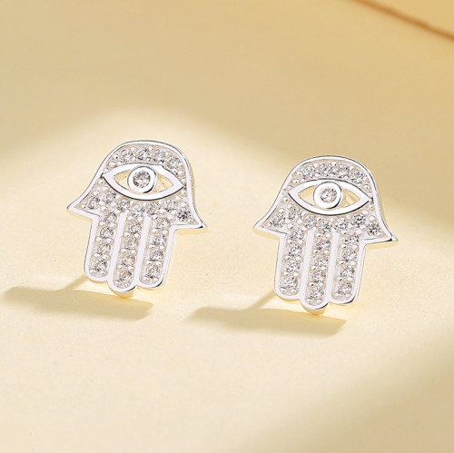 Eye And Hand Patterns Definition Cubic Zirconia Silver Stud Earrings For Women