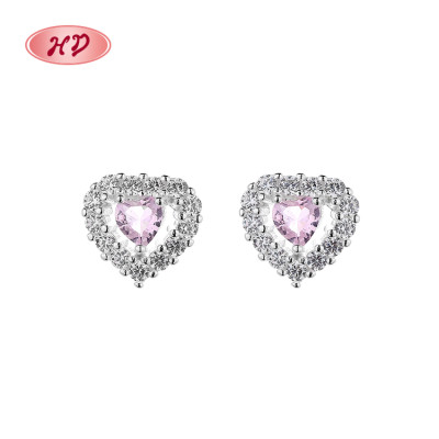 Pink Cubic Zircon Vintage Unusual Sterling Silver Fashion Jewelry Heart Earrings For Women