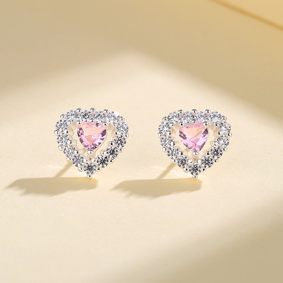 Pink Cubic Zircon Vintage Unusual Sterling Silver Fashion Jewelry Heart Earrings For Women