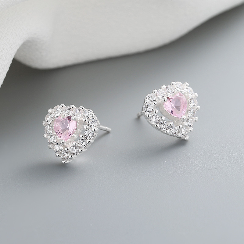 Sterling Silver Pink Heart-shaped Pattern Women's Earrings