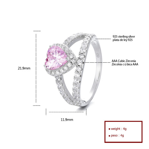 Anillo de plata en forma de corazón rosa para mujeres de moda al por mayor