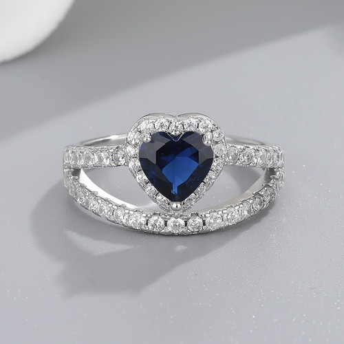 Blue Heart Shape Vintage 925 Sterling Silver Aaa Cubic Zirconia Rings For Women