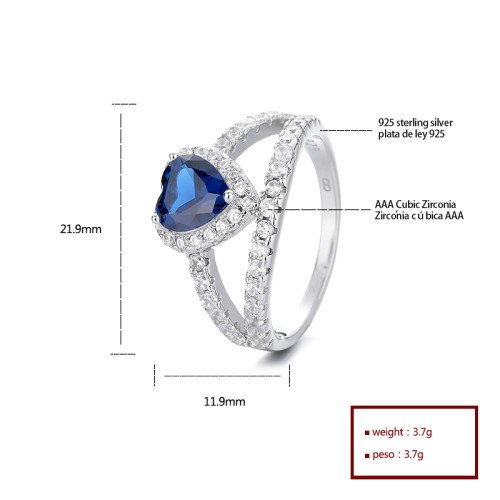 Corazón Azul retro 925 plata esterlina AAA cubo Zirconia anillo de mujer