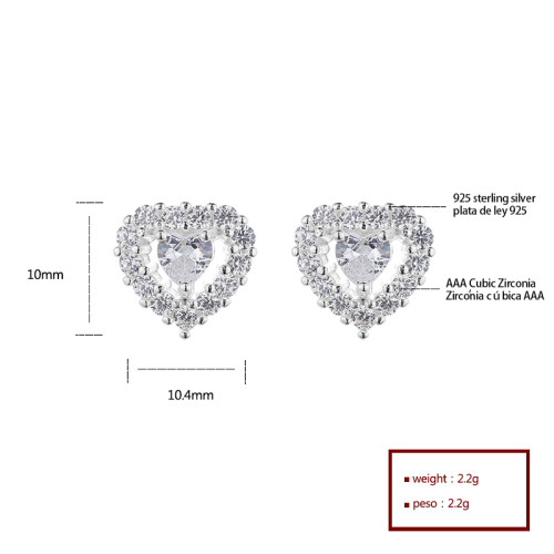 White Heart Fine Jewelry Cubic Zircon Fashion Summer 925 Silver Cute Earrings For Girls