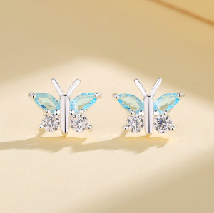 Zirconia cúbica joyas de moda para mujeres retro patrón de mariposa azul 925 clavos de tremella