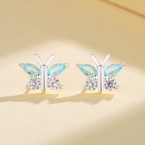 Cubic Zirconia Fashion Jewelry For Ladies Vintage Blue Butterfly Pattern 925 Silver Stud Earrings