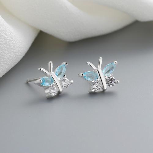 Cubic Zirconia Fashion Jewelry For Ladies Vintage Blue Butterfly Pattern 925 Silver Stud Earrings