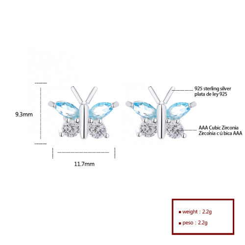 Cubic Zirconia Fashion Jewelry For Ladies Vintage Blue Butterfly Pattern 925 Silver Stud Earrings