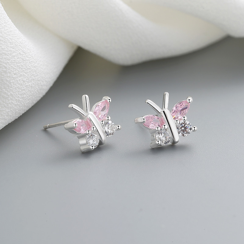 Fashionable Silver Pink Butterfly Earrings for Ladies